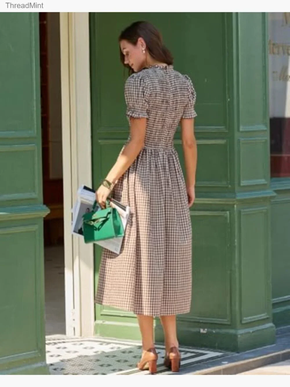 Smocked Puff Sleeve Midi Dress, Flowy A-Line Boho Sundress - Picture 4 of 7